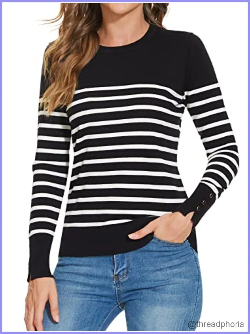 Women's Classic Crewneck Sweater with Buttoned Cuff - Lightweight Knit Pullover